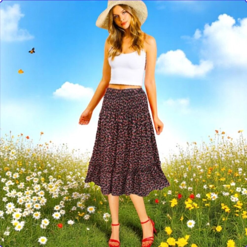 CHRISTINA ROHDE Flowy Disty Floral Print Smocked Waistline A-Line Midi Skirt Sz